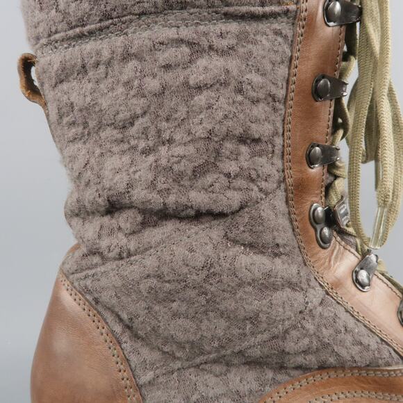 LANVIN Size 7 Brown  Leather & Textured Lace Mid Calf Combat Boots